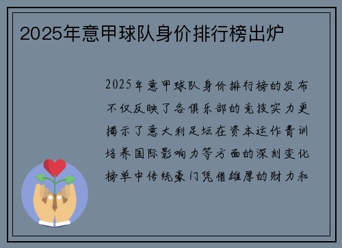 2025年意甲球队身价排行榜出炉
